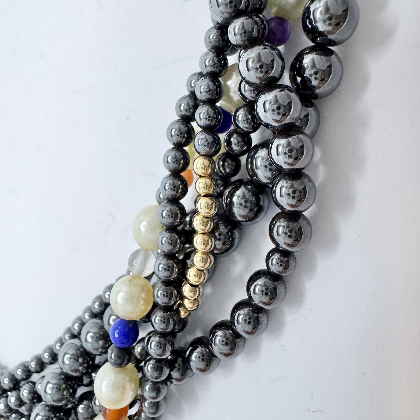 JKa Köhle, Germany. Vintage 14k Gold Hematite Pearl Multi Hardstone Necklace.