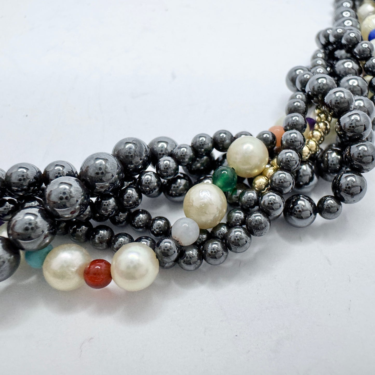 JKa Köhle, Germany. Vintage 14k Gold Hematite Pearl Multi Hardstone Necklace.