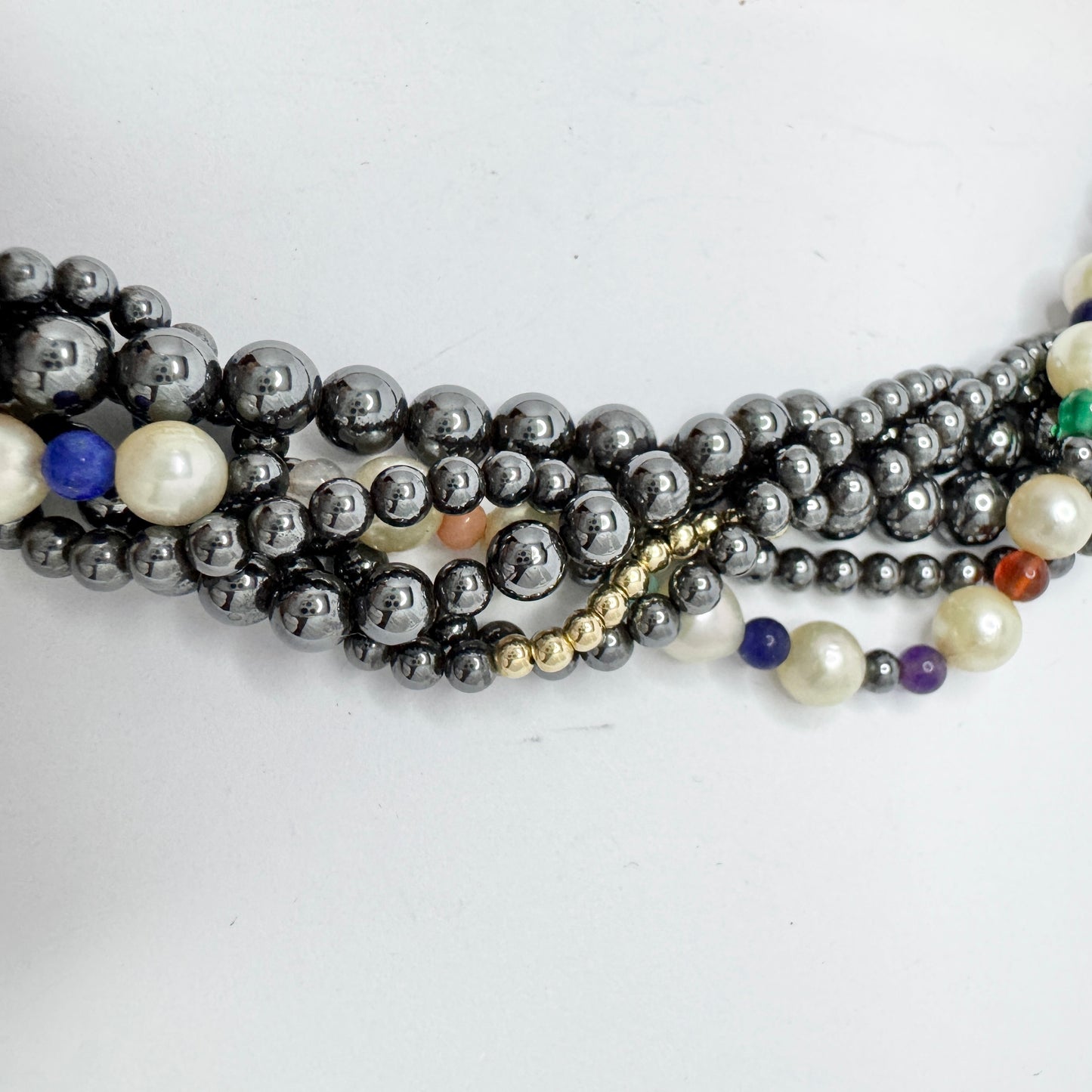 JKa Köhle, Germany. Vintage 14k Gold Hematite Pearl Multi Hardstone Necklace.