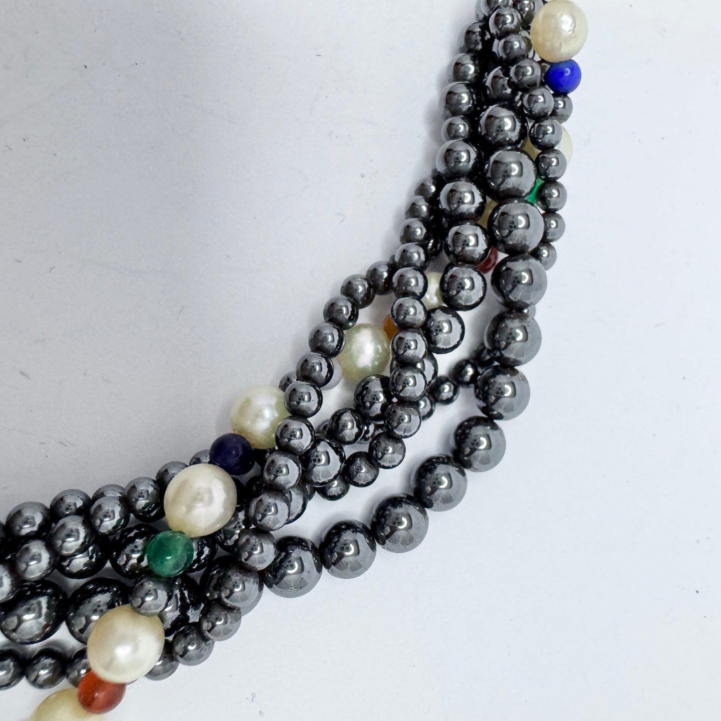 JKa Köhle, Germany. Vintage 14k Gold Hematite Pearl Multi Hardstone Necklace.