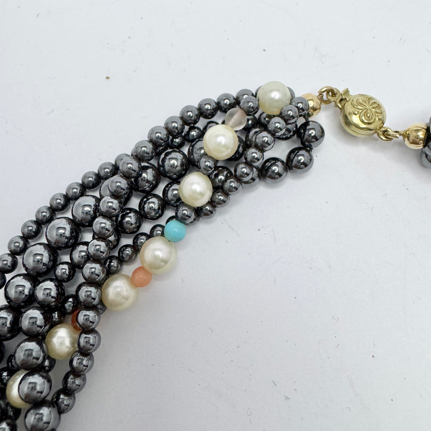 JKa Köhle, Germany. Vintage 14k Gold Hematite Pearl Multi Hardstone Necklace.