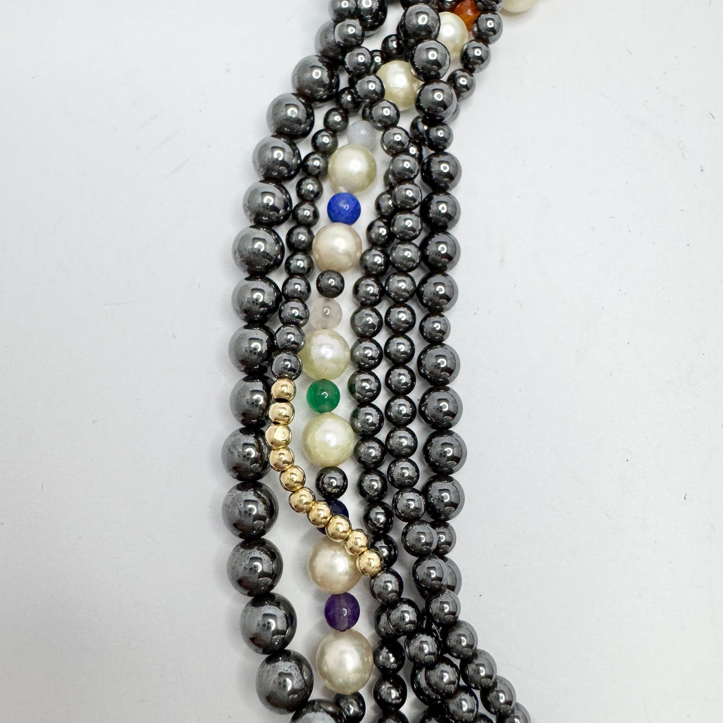 JKa Köhle, Germany. Vintage 14k Gold Hematite Pearl Multi Hardstone Necklace.