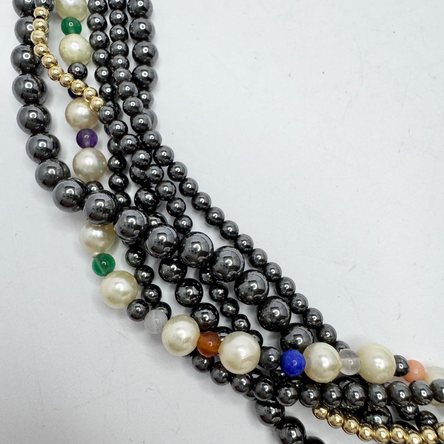 JKa Köhle, Germany. Vintage 14k Gold Hematite Pearl Multi Hardstone Necklace.