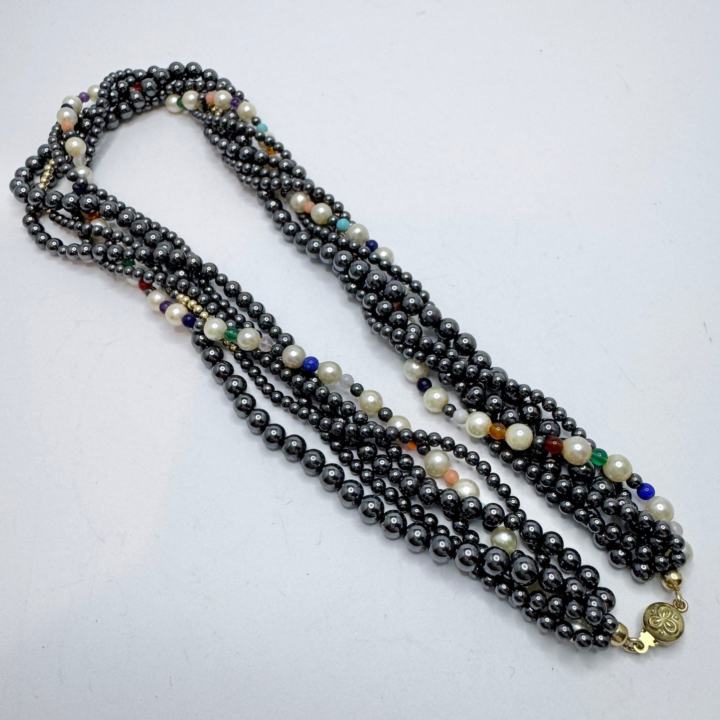 JKa Köhle, Germany. Vintage 14k Gold Hematite Pearl Multi Hardstone Necklace.