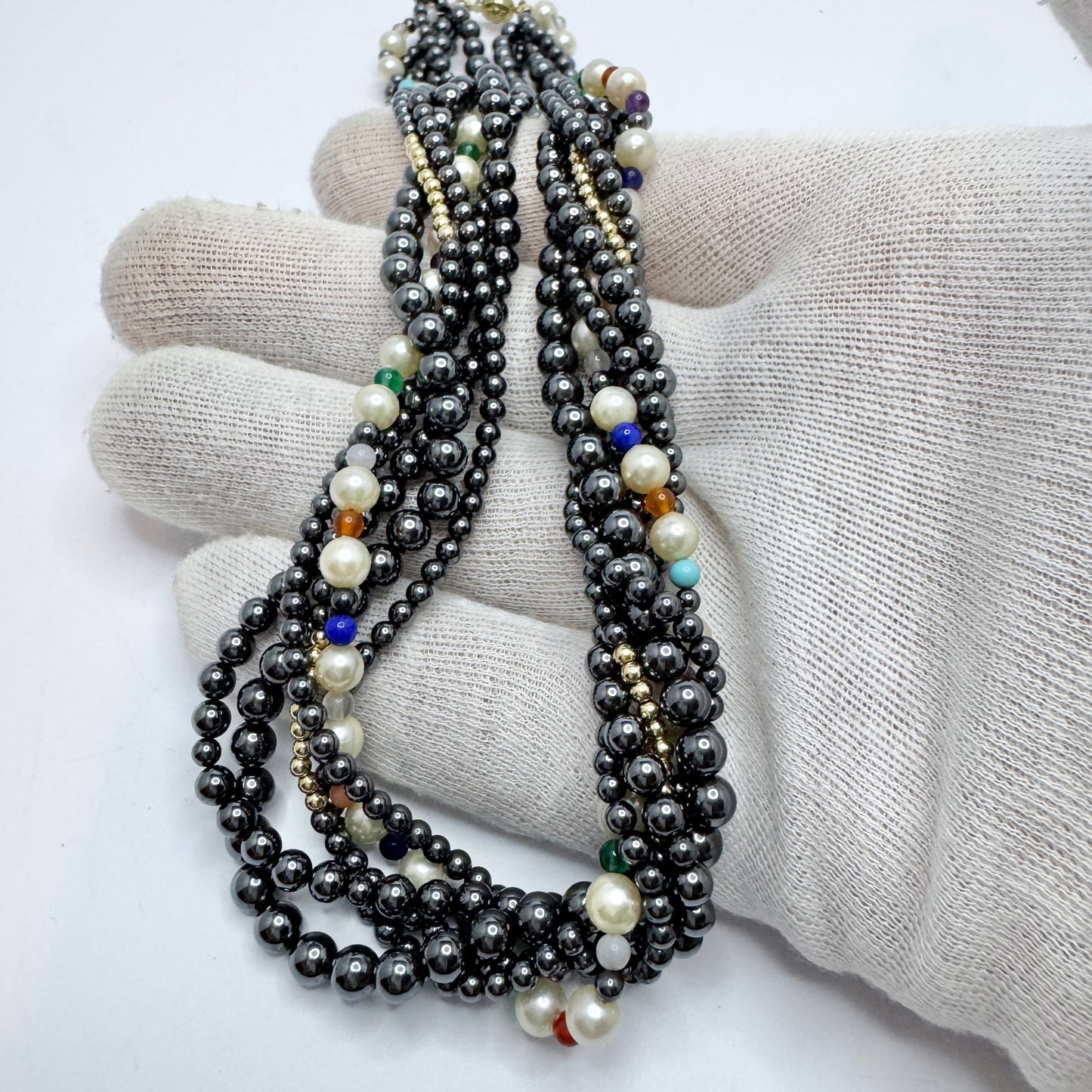 JKa Köhle, Germany. Vintage 14k Gold Hematite Pearl Multi Hardstone Necklace.