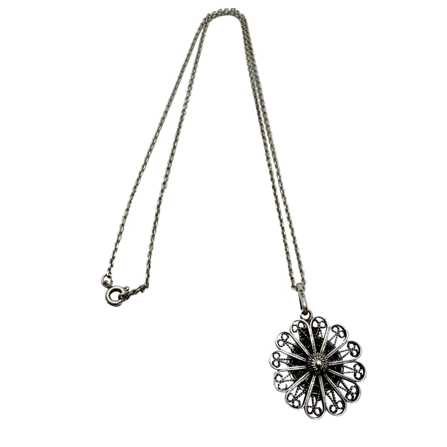 Sweden c 1940s. Solid Silver Filigree Locket Pendant Necklace.