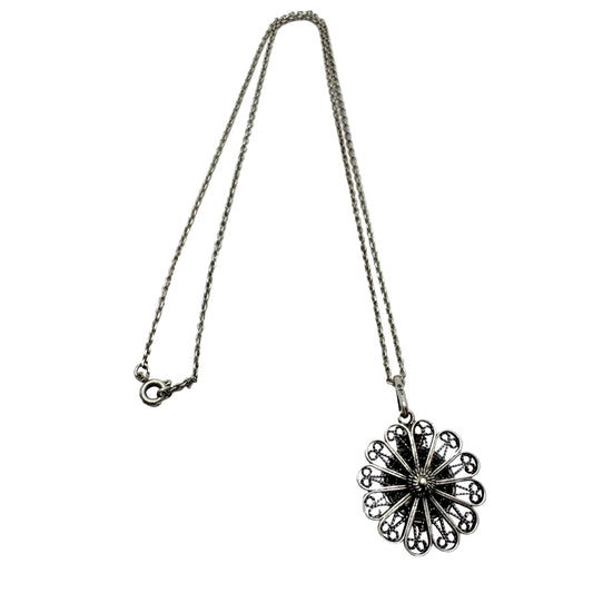 Sweden c 1940s. Solid Silver Filigree Locket Pendant Necklace.