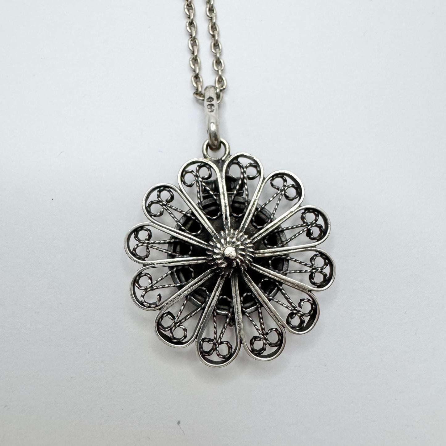Sweden c 1940s. Solid Silver Filigree Locket Pendant Necklace.