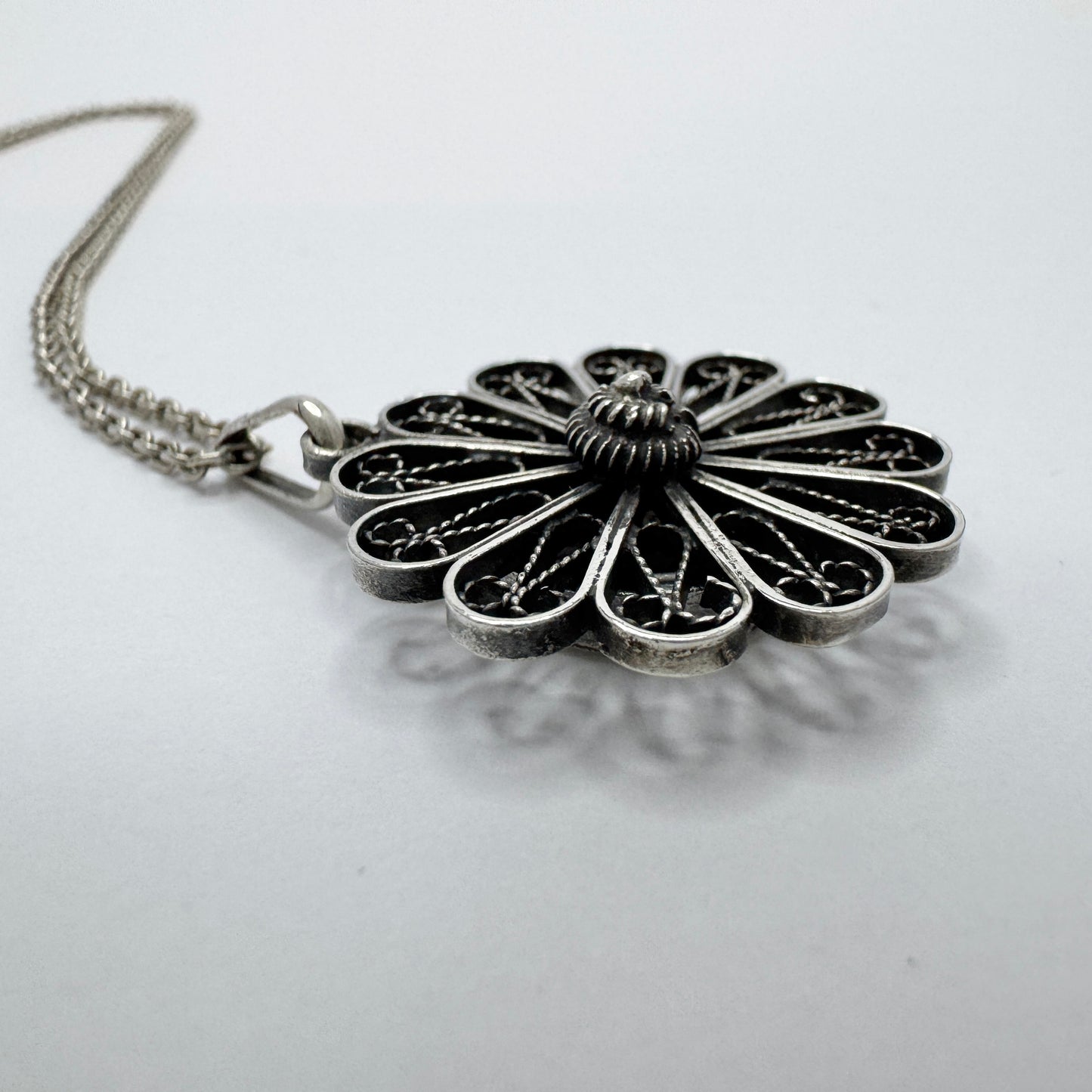 Sweden c 1940s. Solid Silver Filigree Locket Pendant Necklace.