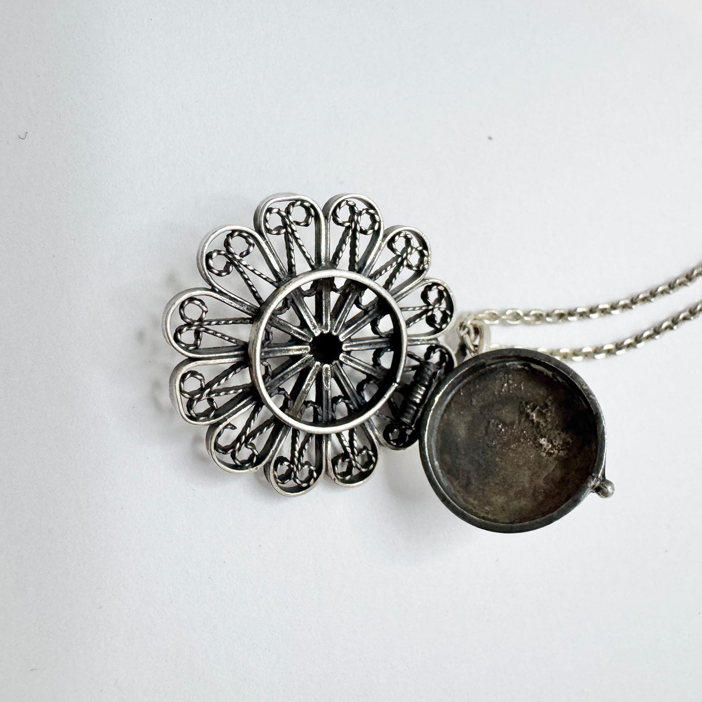 Sweden c 1940s. Solid Silver Filigree Locket Pendant Necklace.
