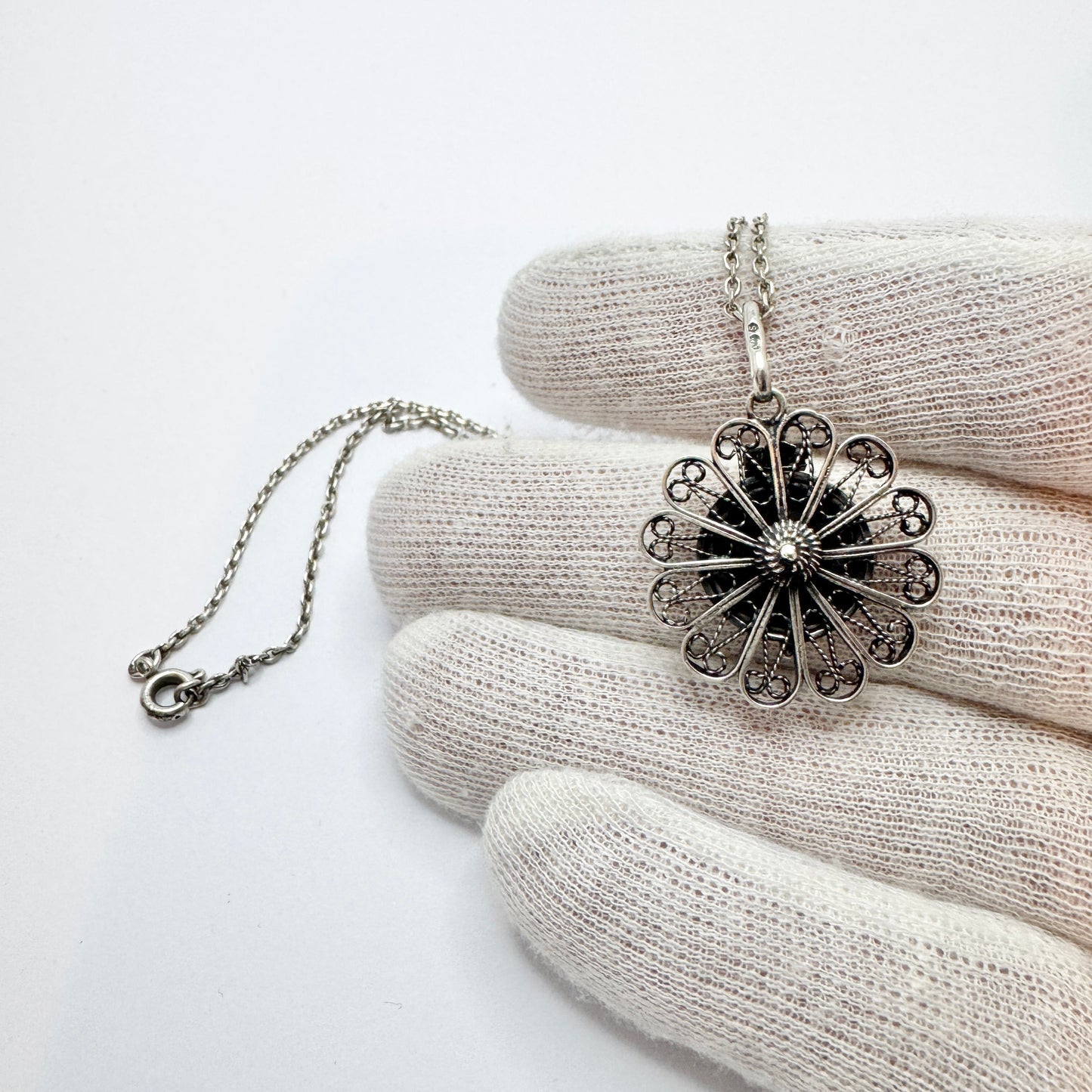 Sweden c 1940s. Solid Silver Filigree Locket Pendant Necklace.