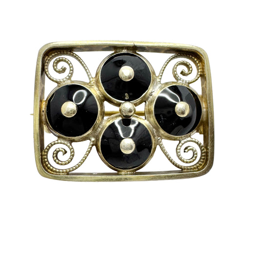 Aksel Holmsen, Norway c 1950s. Vintage Sterling Silver Black Enamel Brooch.