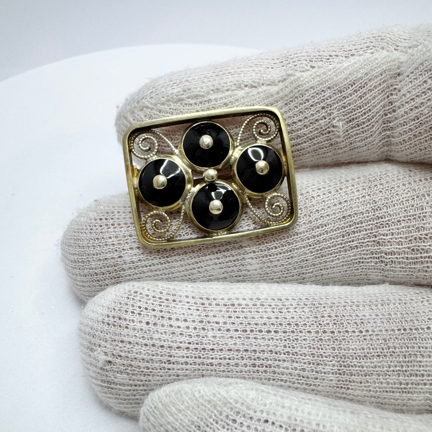 Aksel Holmsen, Norway c 1950s. Vintage Sterling Silver Black Enamel Brooch.