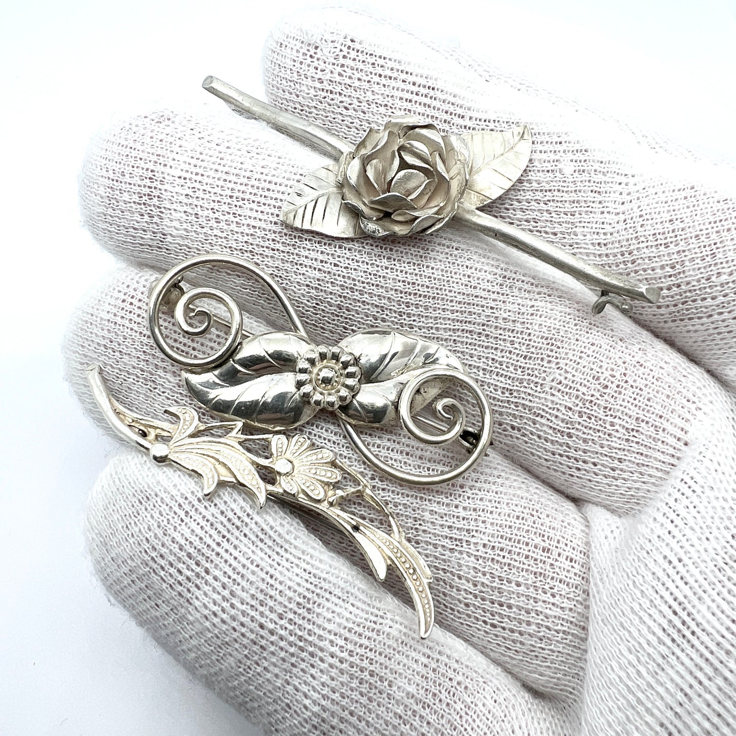 Finland, Denmark, Norway 1940-50s. 3 Vintage Solid Silver Flower Brooches.