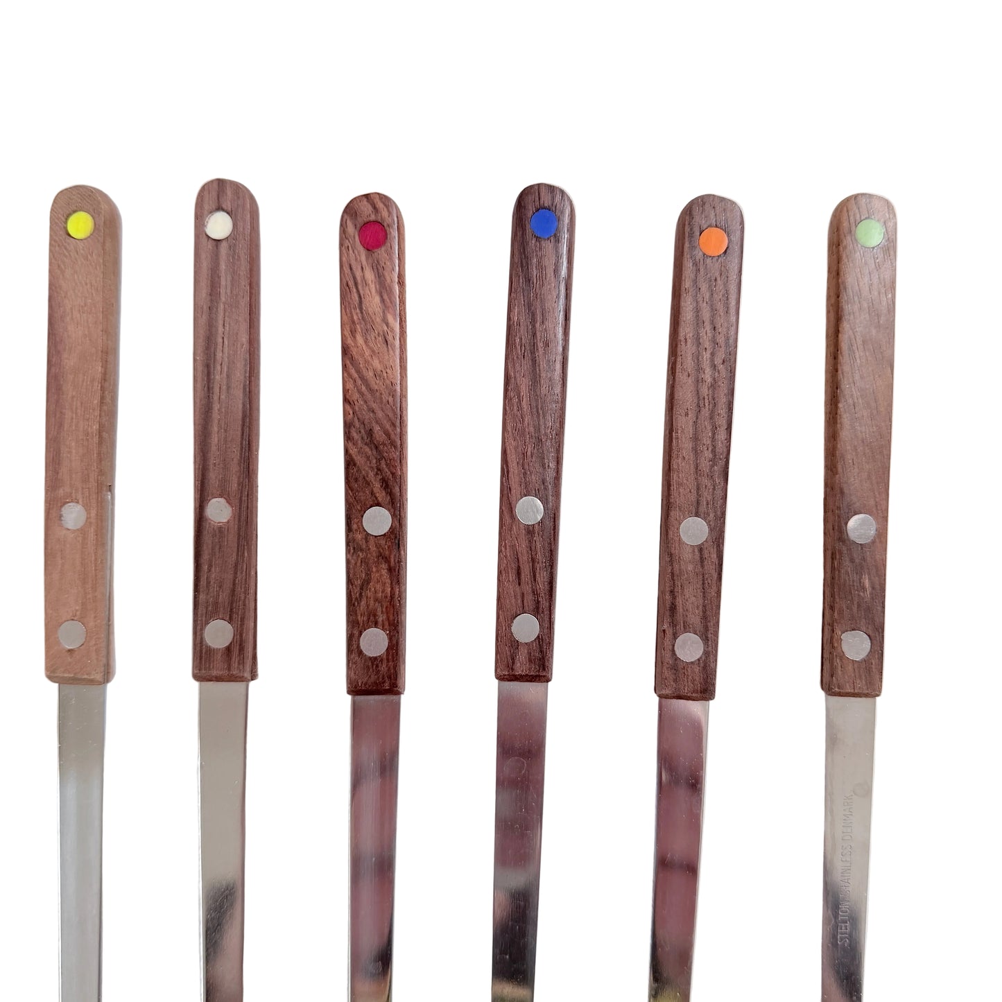 Stelton, Denmark. Vintage Mid-century Teak 11" Fondue Forks. Set of 6