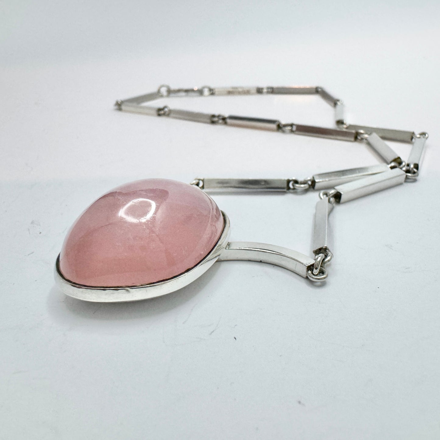 Göte Carlebjörk, Sweden 1958. Vintage Sterling Silver Rose Quartz Pendant Necklace. Signed.