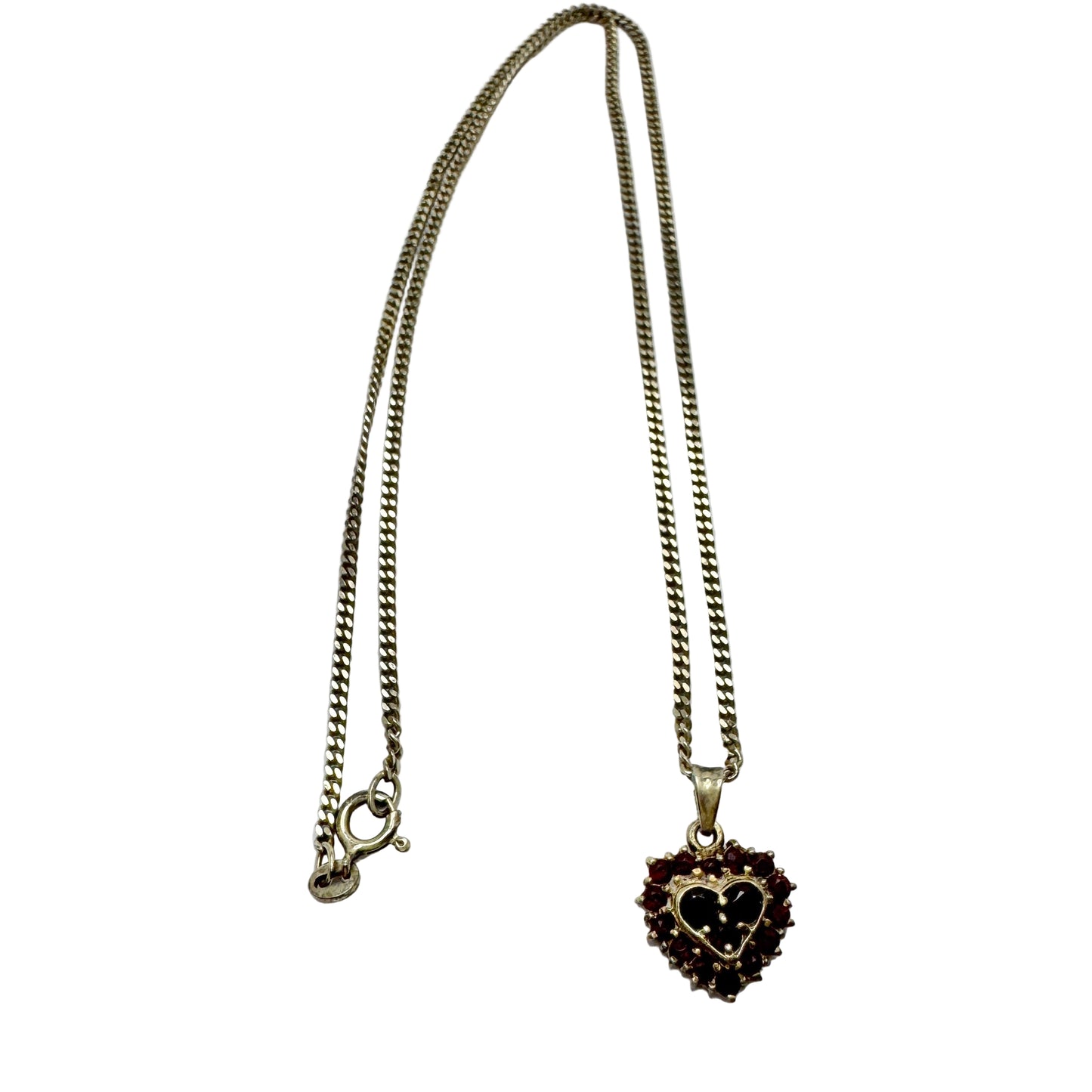 Vintage Solid Silver Garnet Heart Pendant Necklace.