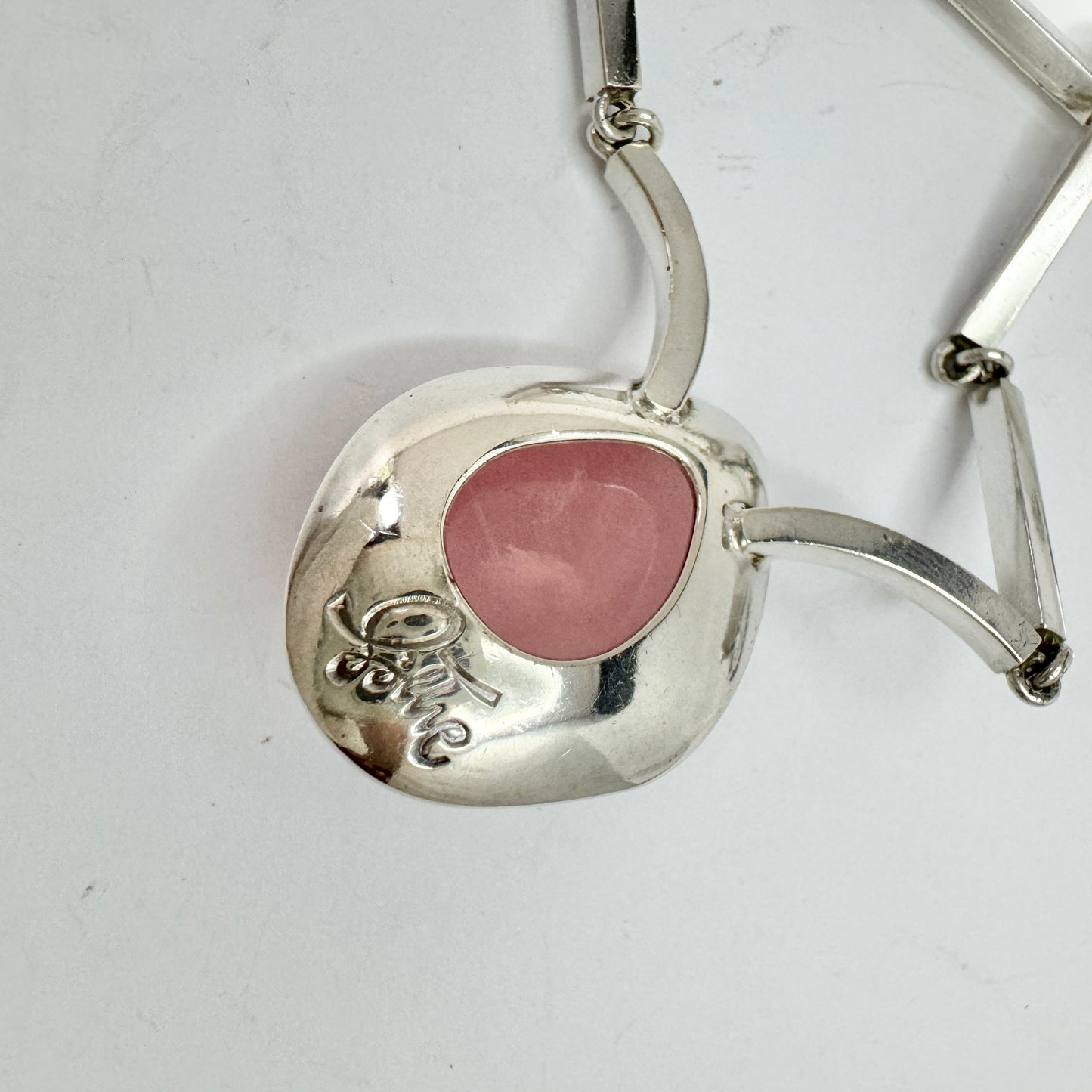 Göte Carlebjörk, Sweden 1958. Vintage Sterling Silver Rose Quartz Pendant Necklace. Signed.