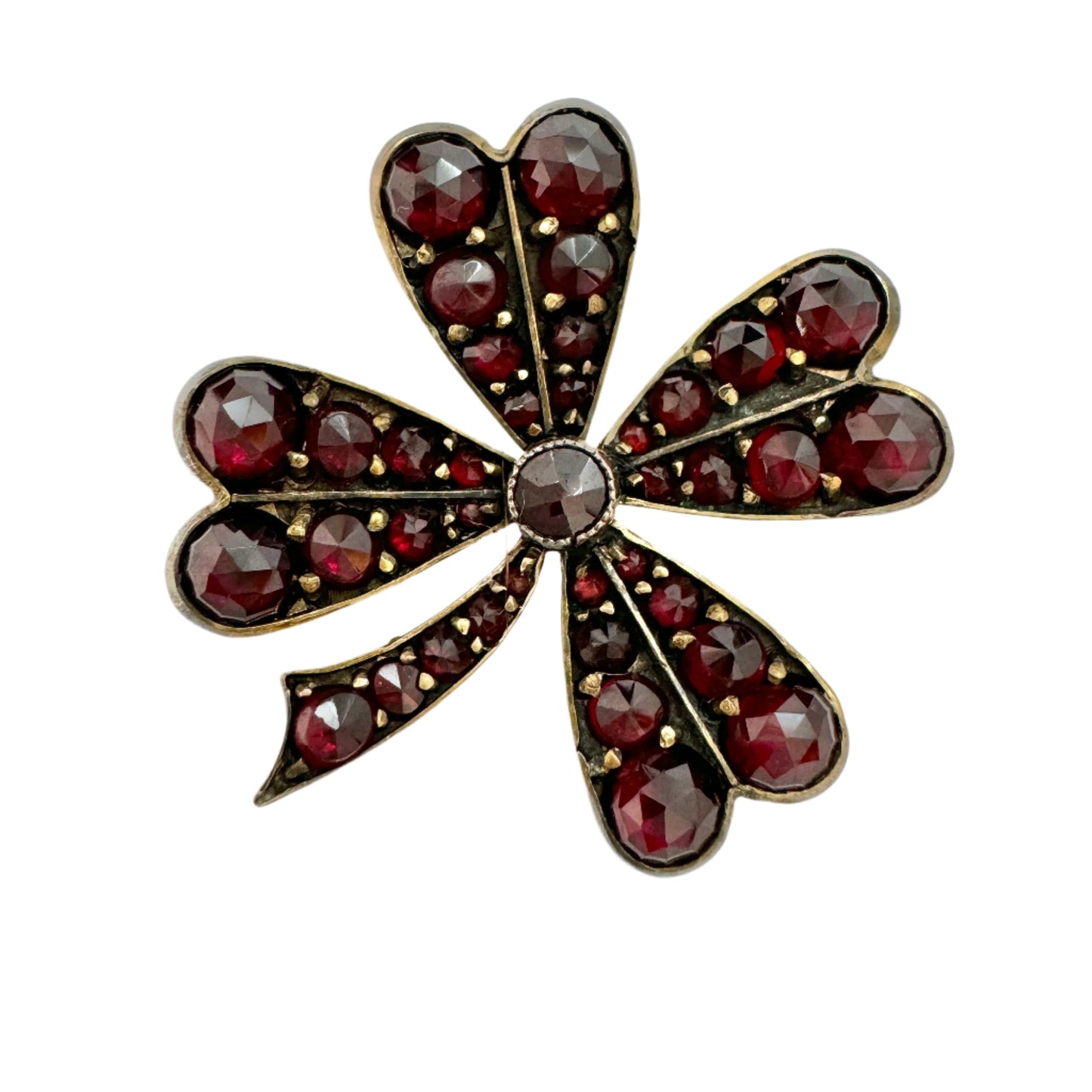 Vintage Early 1900s Bohemian Garnet Gilt Solid Silver  Four Leaves Clover Brooch.