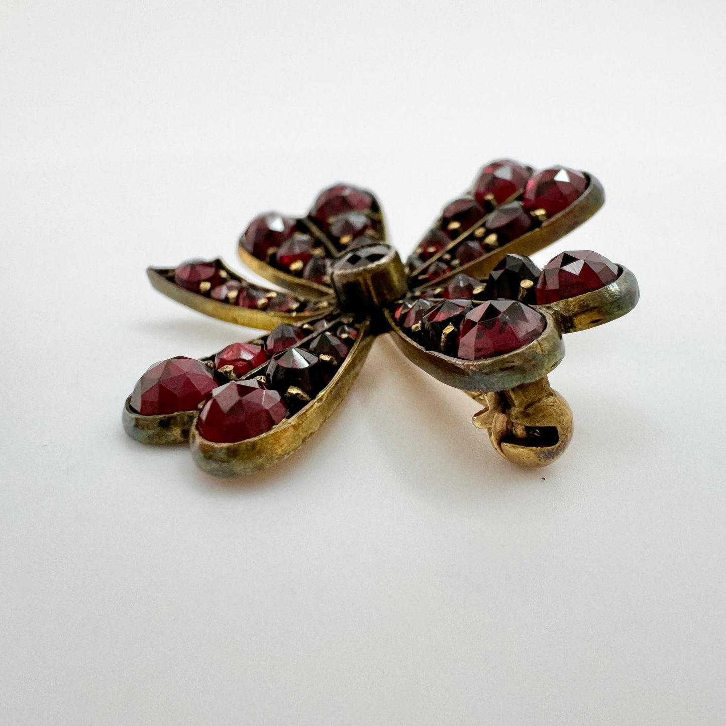 Vintage Early 1900s Bohemian Garnet Gilt Solid Silver  Four Leaves Clover Brooch.