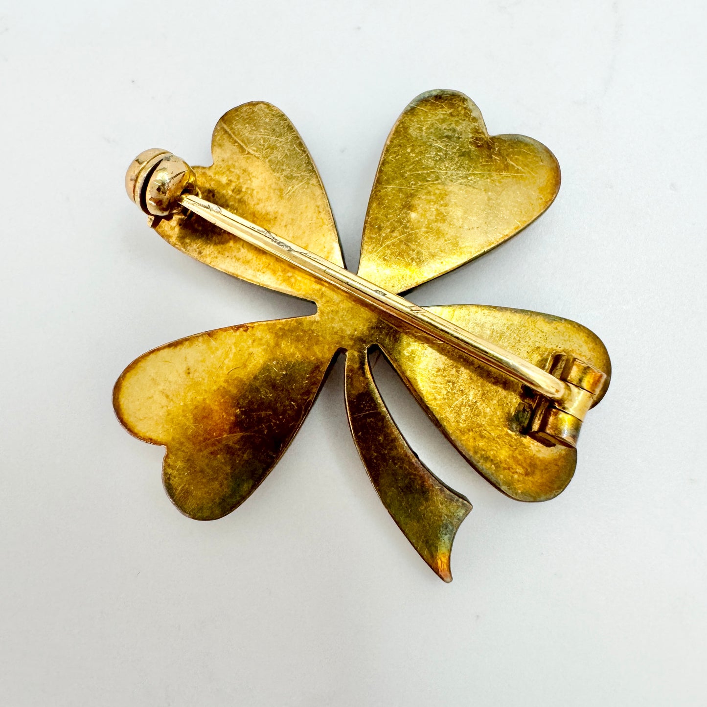 Vintage Early 1900s Bohemian Garnet Gilt Solid Silver  Four Leaves Clover Brooch.