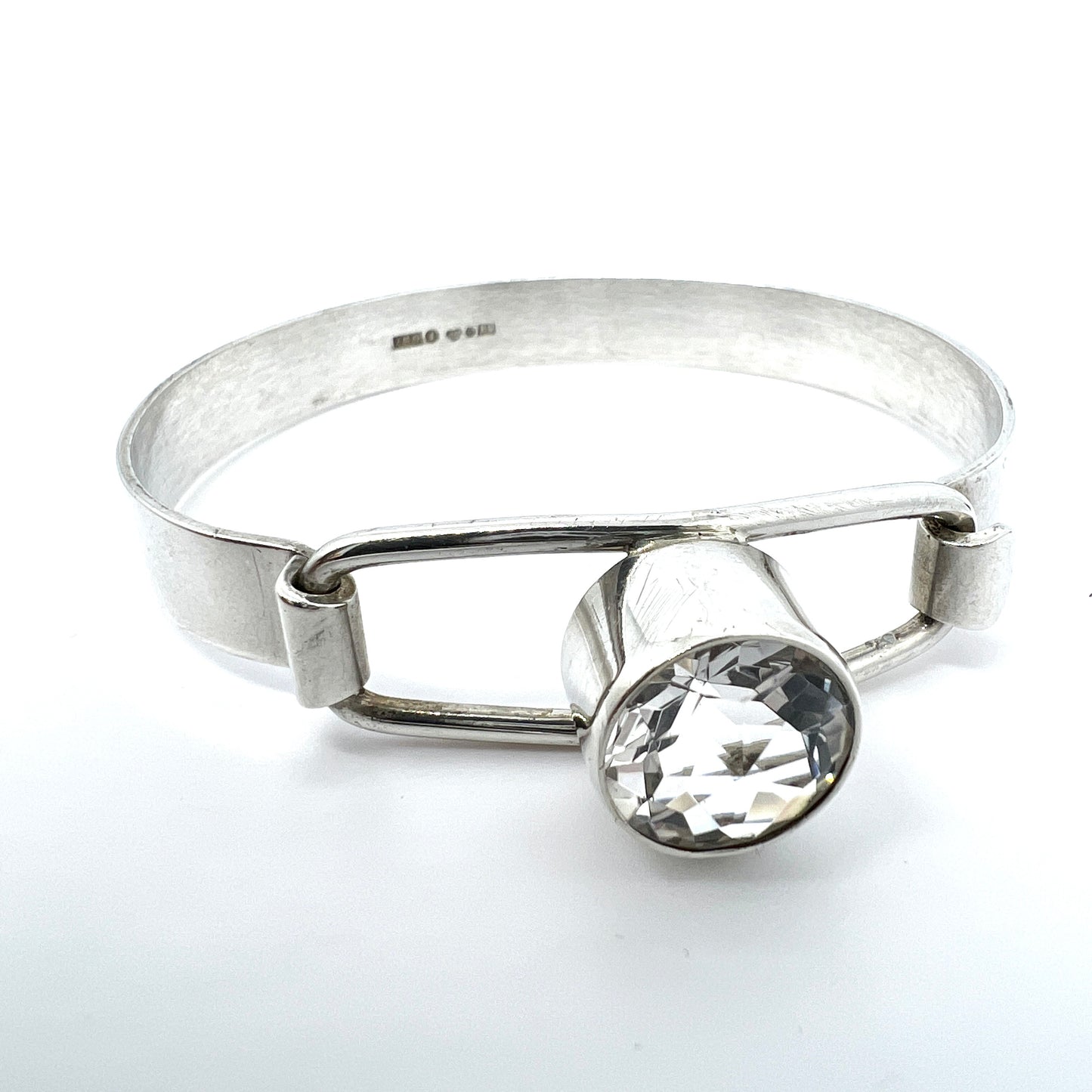 Isaac Cohen, Sweden 1969 Vintage Sterling Silver Rock Crystal Hinged Bangle Bracelet.