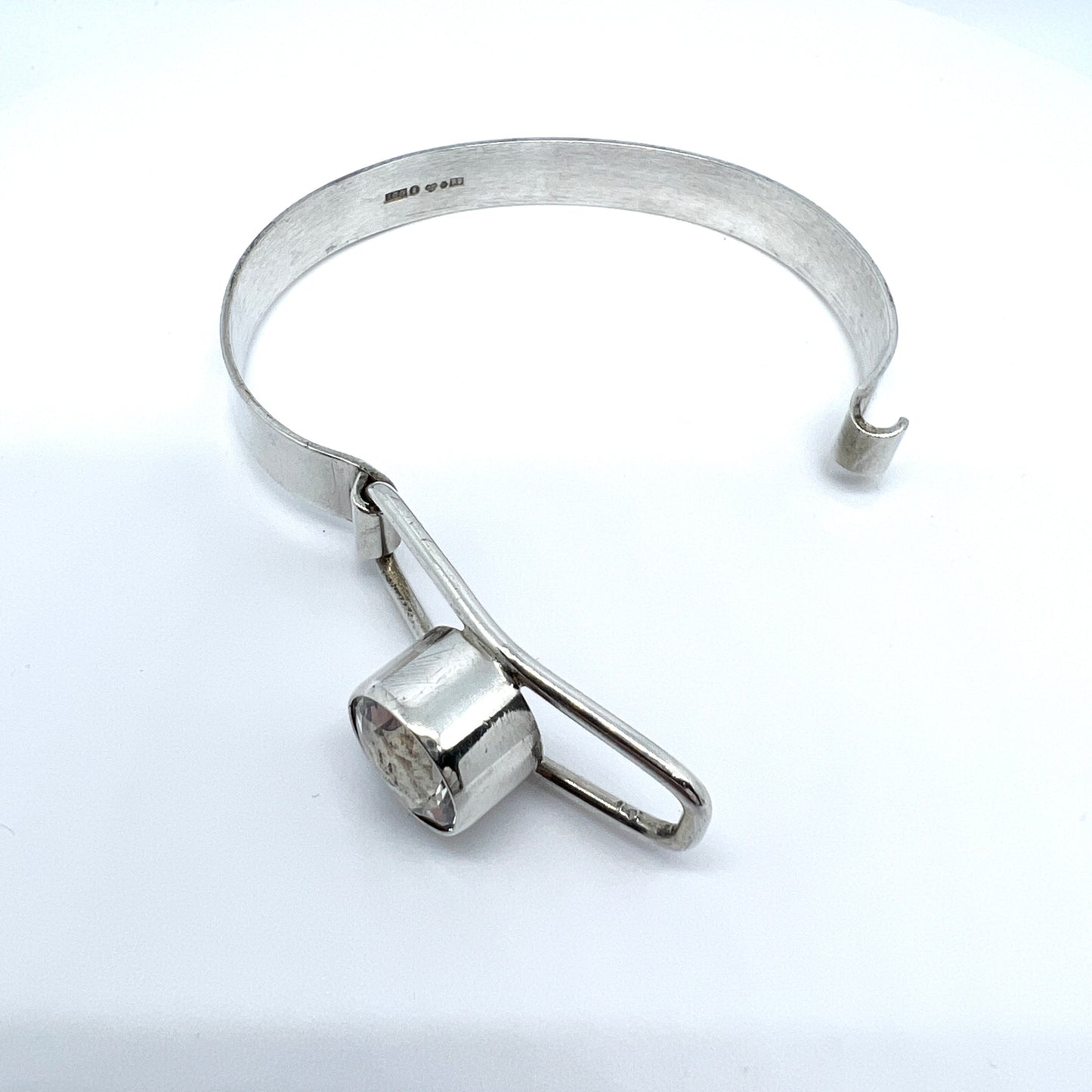 Isaac Cohen, Sweden 1969 Vintage Sterling Silver Rock Crystal Hinged Bangle Bracelet.