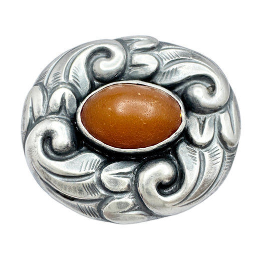 Denmark ca 1930. Vintage Solid Silver Amber Skonvirke Brooch.