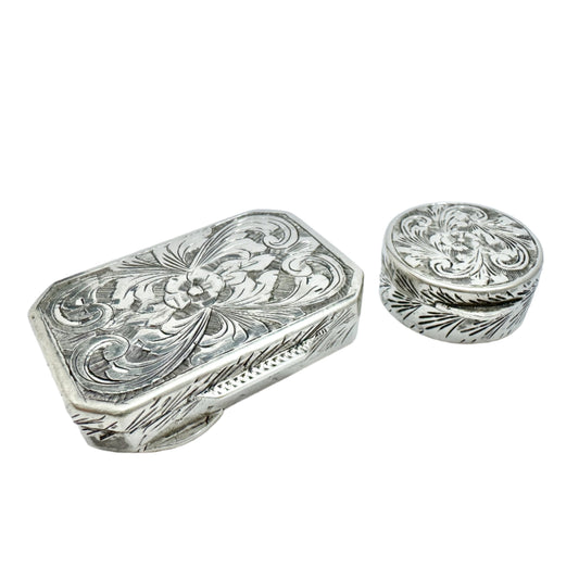 Gensini Rolando, Firenze Italy c 1940s. Pair of Vintage Sterling Silver Pill / Trinket Boxes.