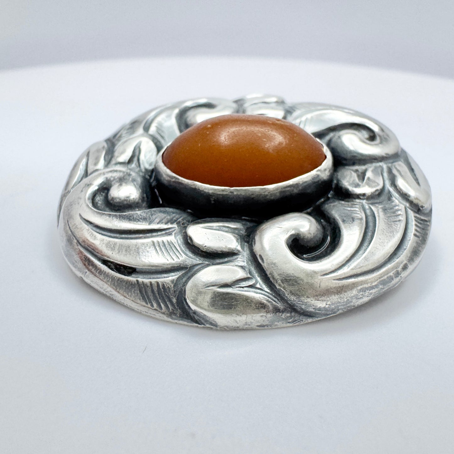 Denmark ca 1930. Vintage Solid Silver Amber Skonvirke Brooch.