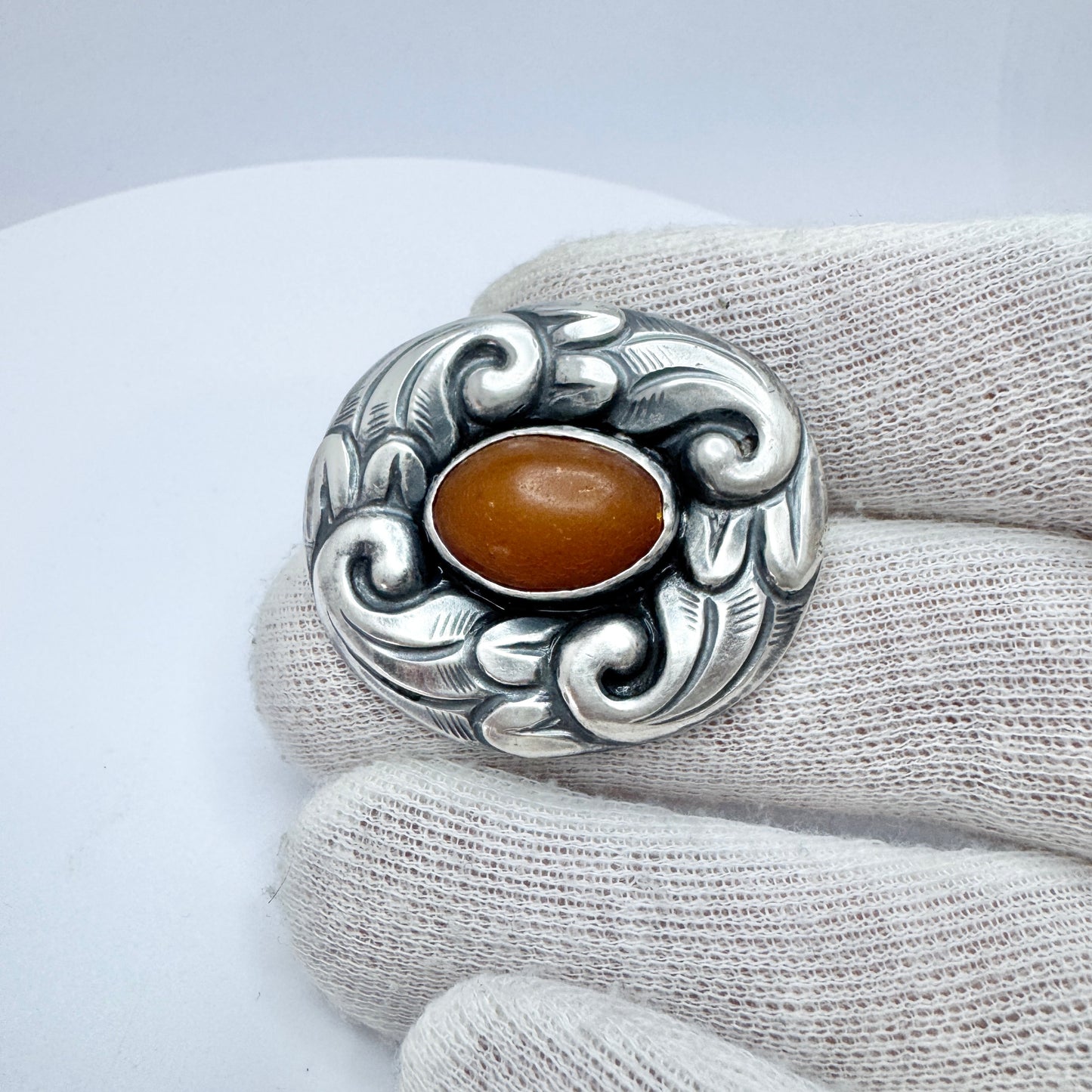 Denmark ca 1930. Vintage Solid Silver Amber Skonvirke Brooch.