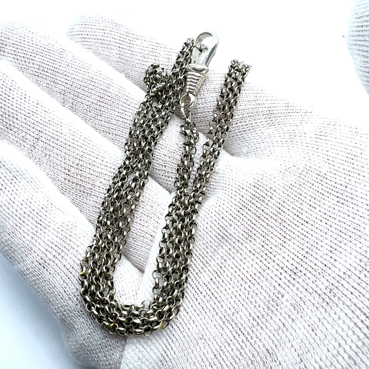 Antique Solid Silver 3-strand Watch Chain in Perfect Necklace Length.