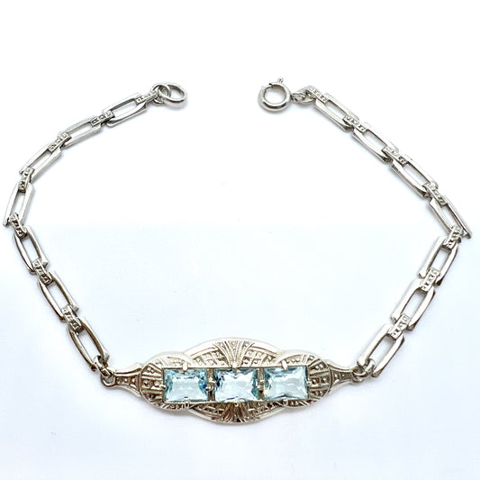 Sweden c 1930 Vintage Art Deco 835 Silver Glass (faux Aquamarine) Bracelet.