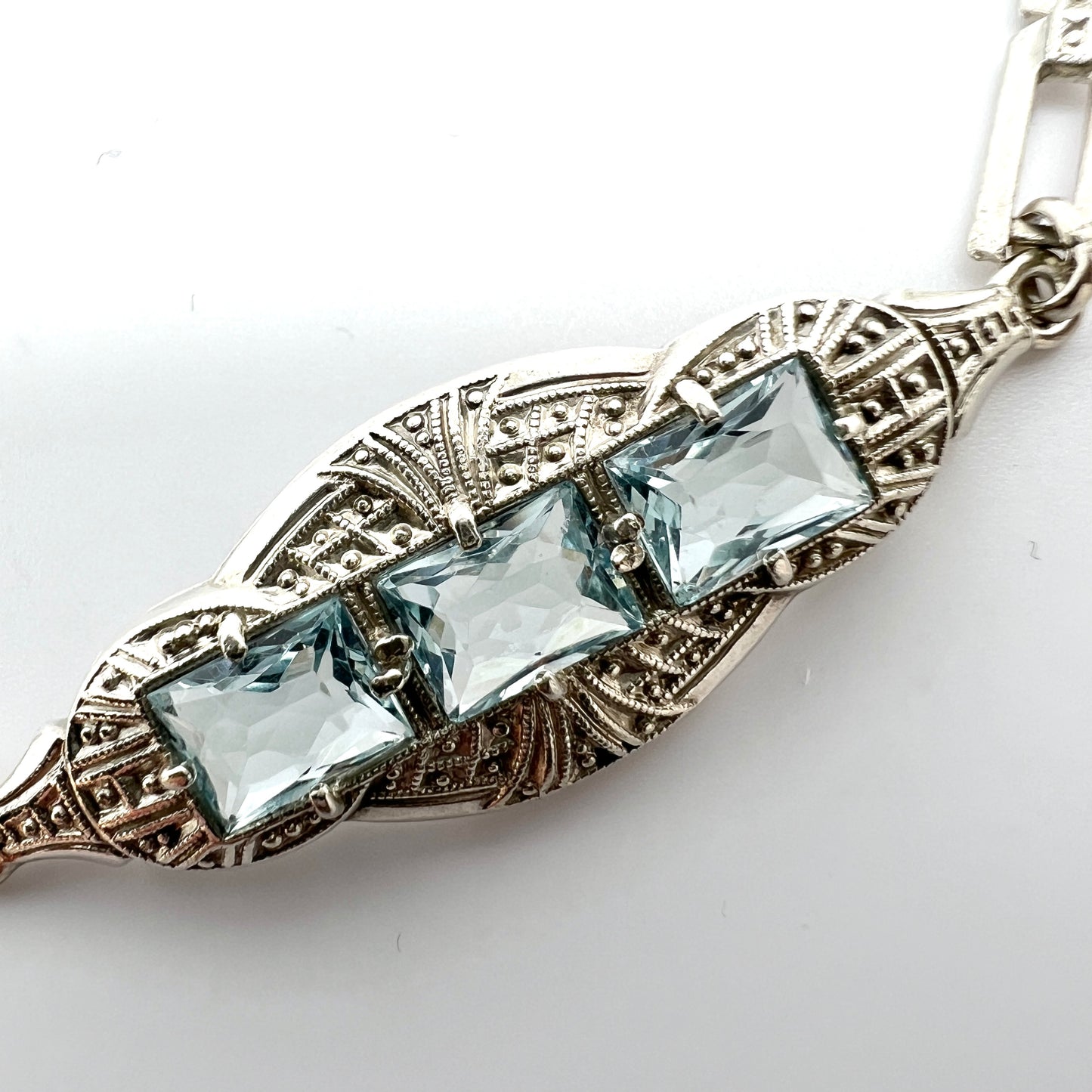 Sweden c 1930 Vintage Art Deco 835 Silver Glass (faux Aquamarine) Bracelet.