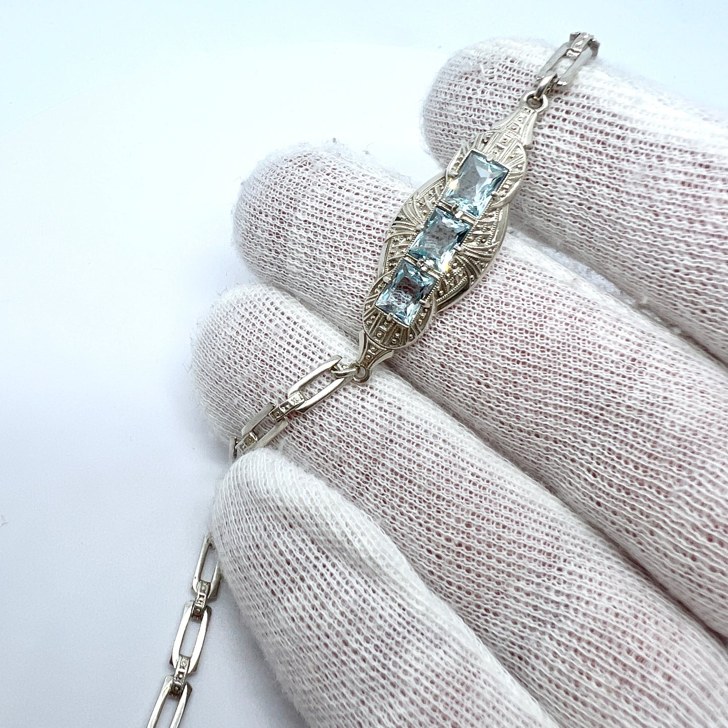 Sweden c 1930 Vintage Art Deco 835 Silver Glass (faux Aquamarine) Bracelet.