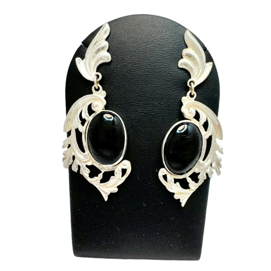 Vintage Large Sterling 950 Silver Onyx Earrings.