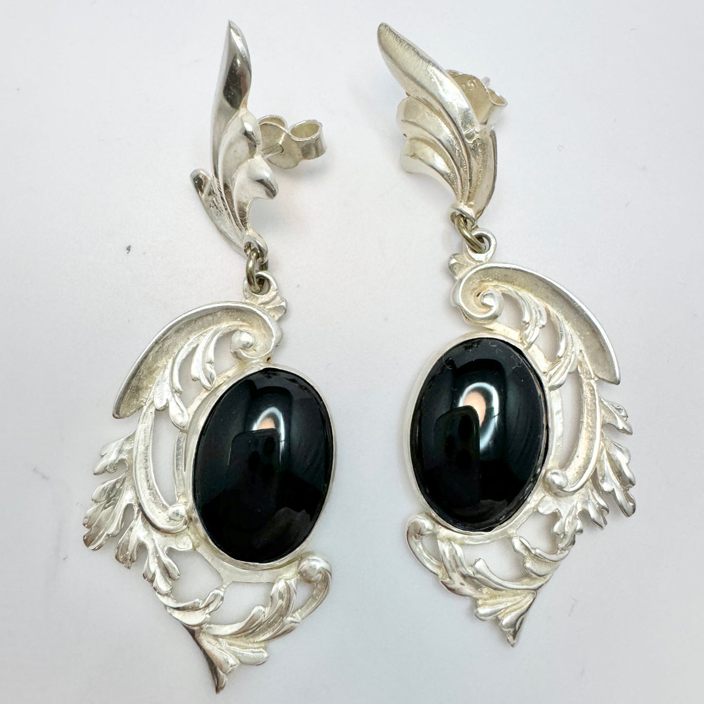 Vintage Large Sterling 950 Silver Onyx Earrings.