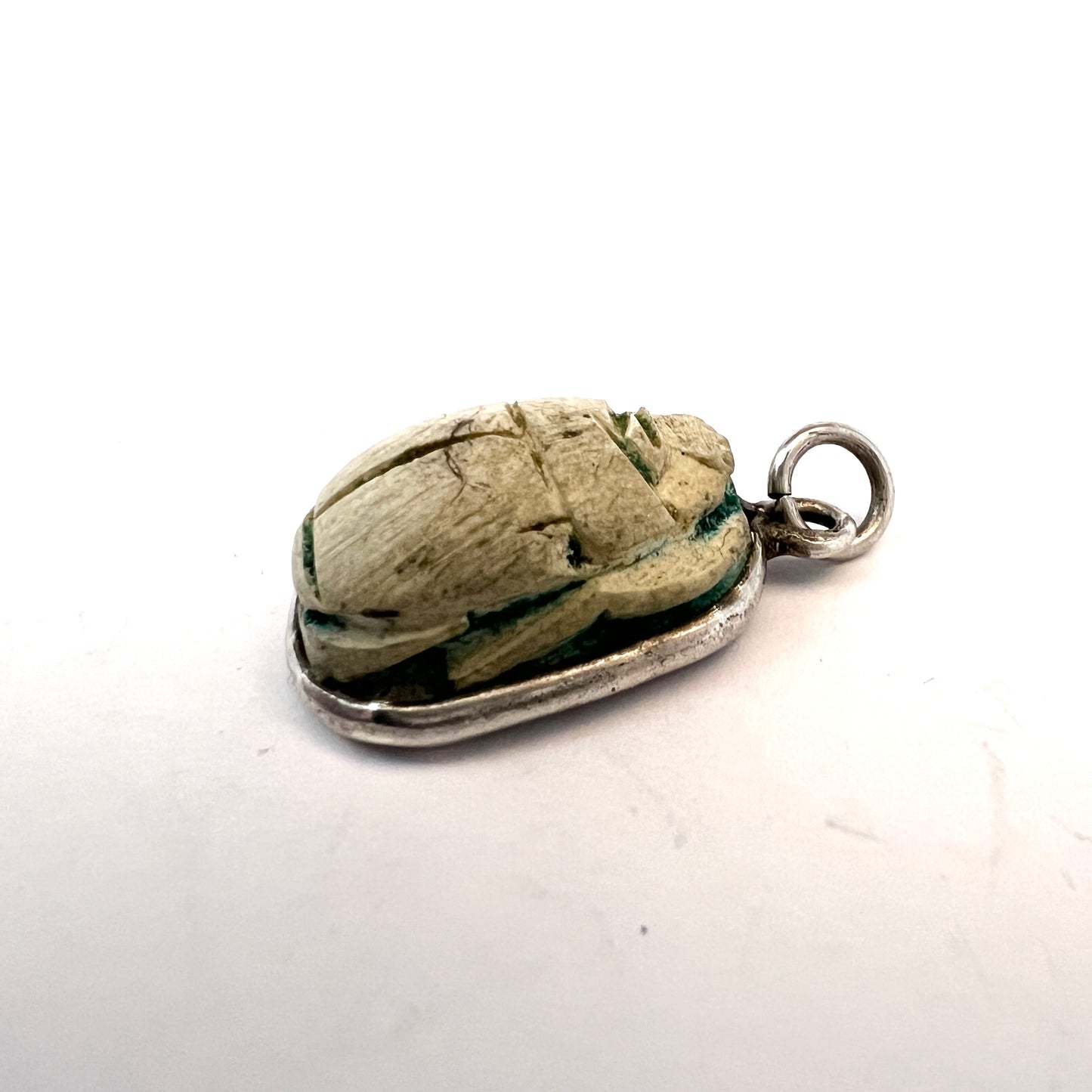 Antique Egyptian Faience Scarab Vintage Silver Pendant.