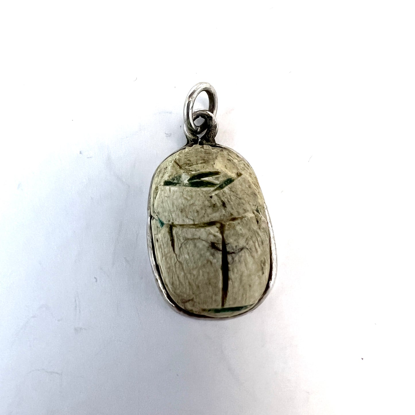 Antique Egyptian Faience Scarab Vintage Silver Pendant.