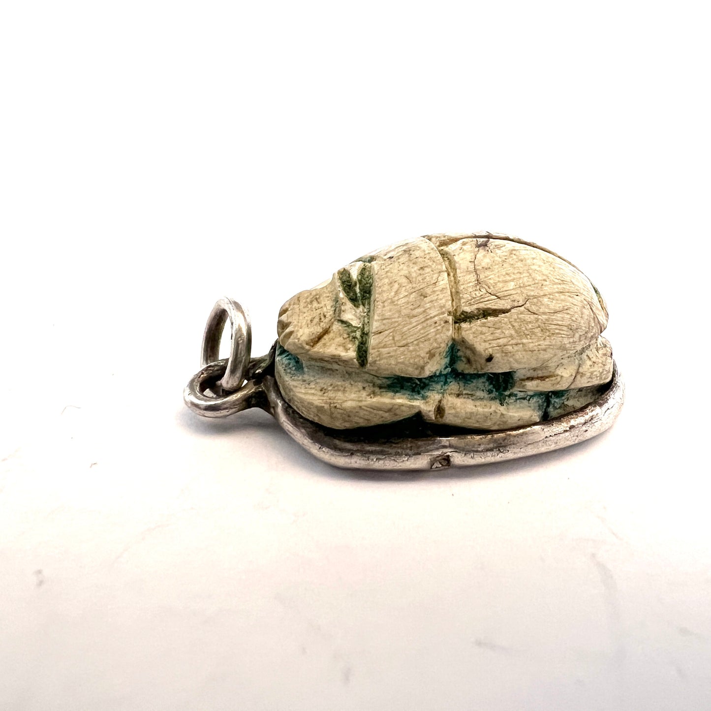 Antique Egyptian Faience Scarab Vintage Silver Pendant.