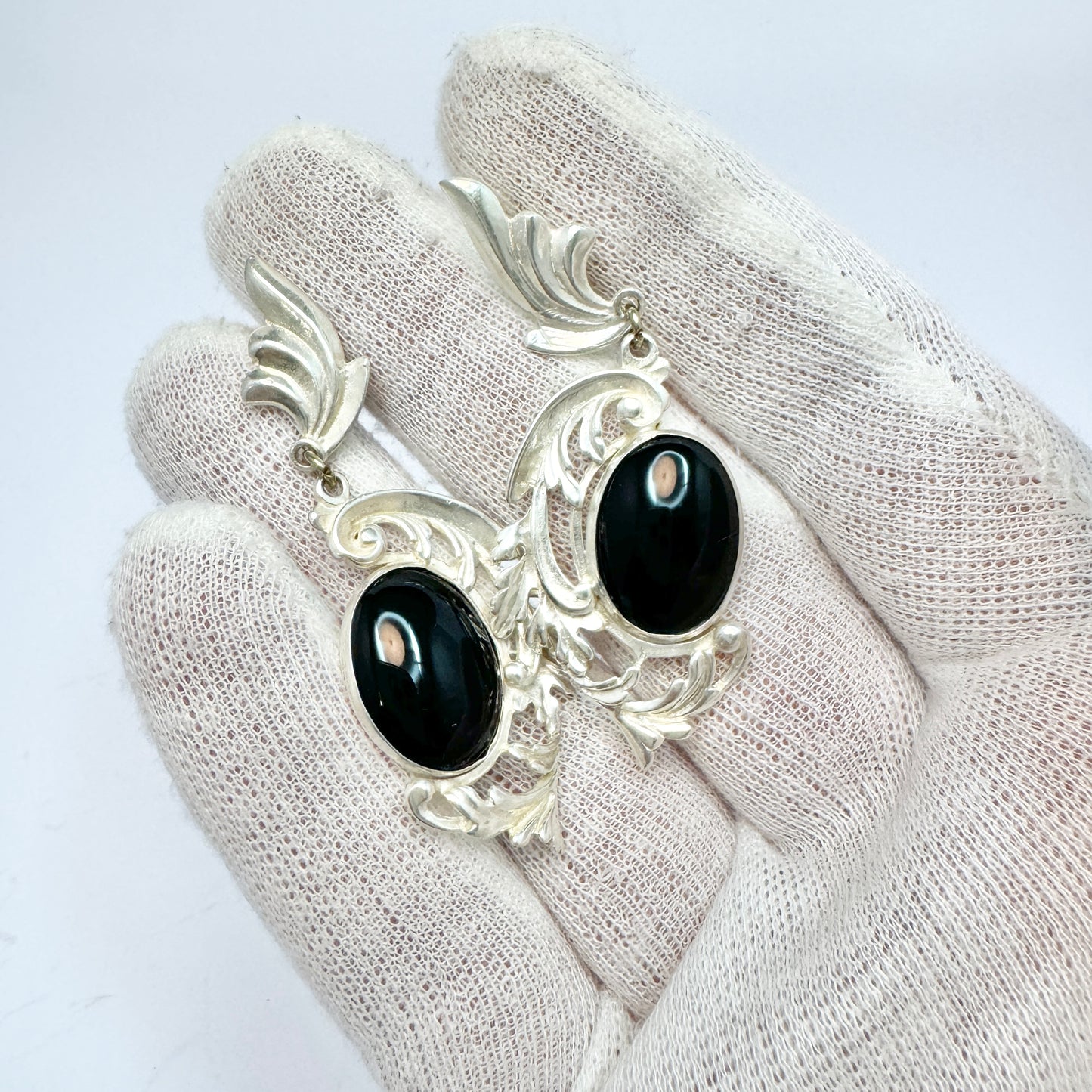 Vintage Large Sterling 950 Silver Onyx Earrings.