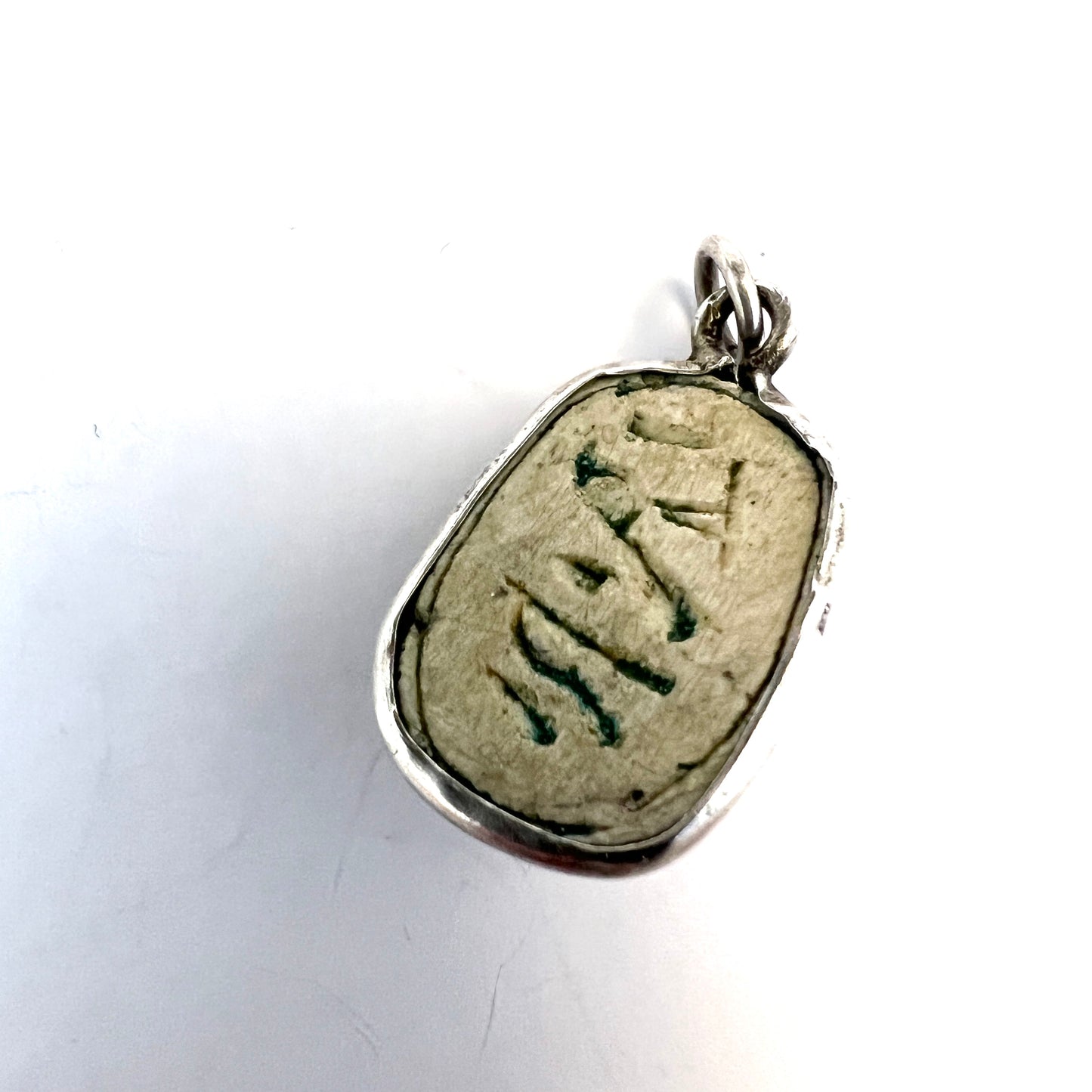 Antique Egyptian Faience Scarab Vintage Silver Pendant.