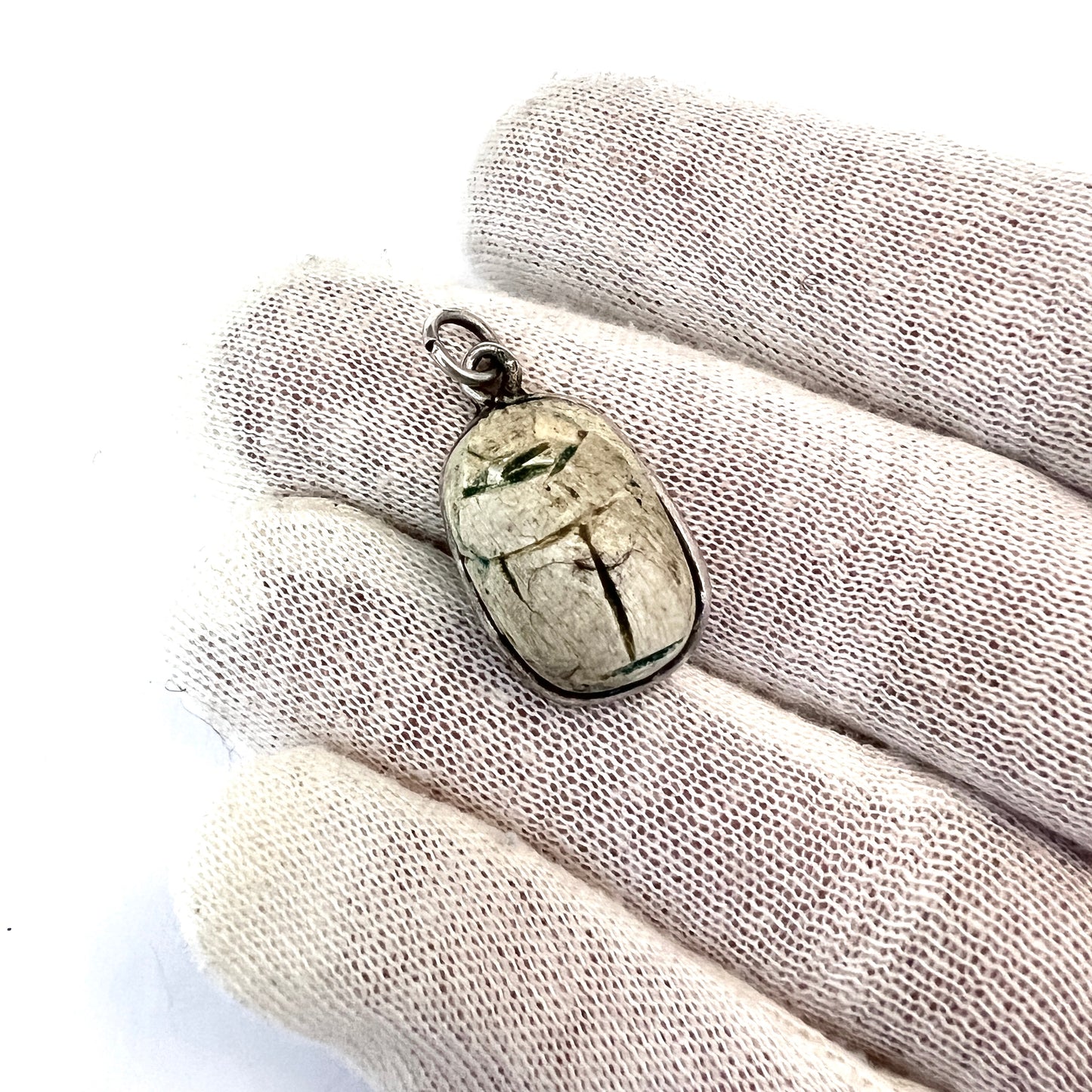 Antique Egyptian Faience Scarab Vintage Silver Pendant.