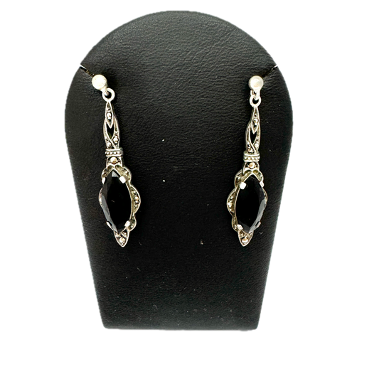 Sweden c 1930. Vintage Art Deco Silver Onyx Marcasite Earrings.