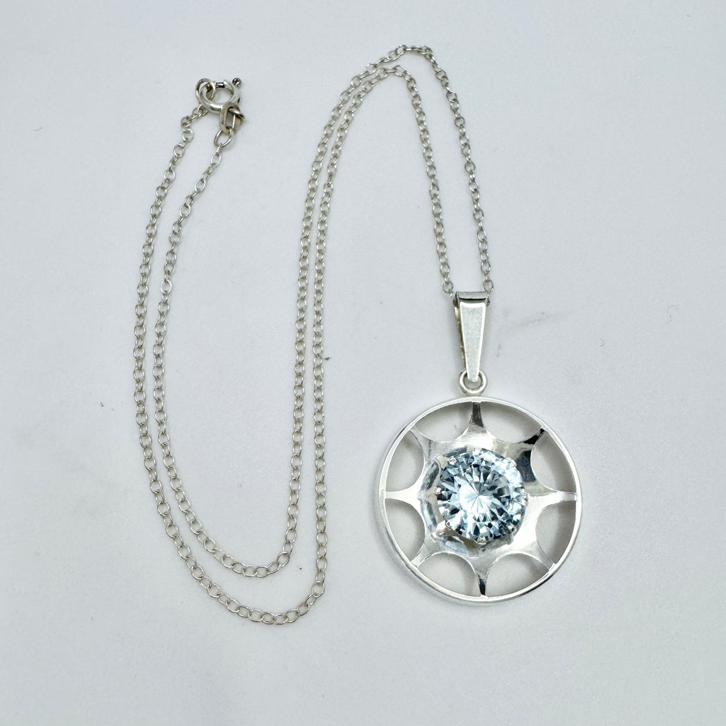 Salovaara, Finland 1970s. Vintage Sterling Silver Blue Synthetic Spinel Pendant + Chain.