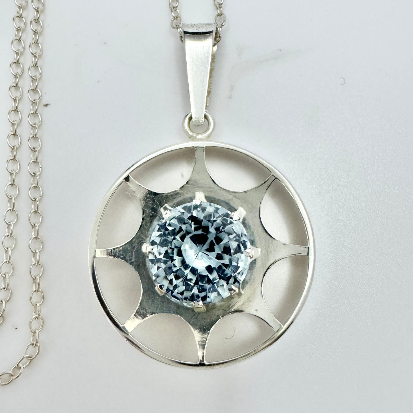 Salovaara, Finland 1970s. Vintage Sterling Silver Blue Synthetic Spinel Pendant + Chain.