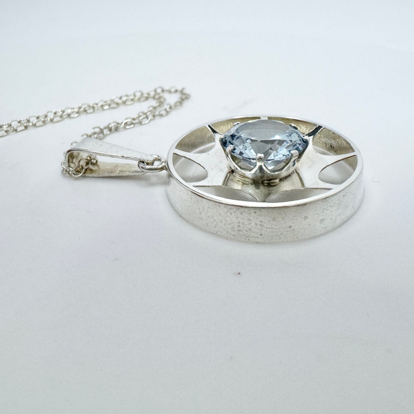 Salovaara, Finland 1970s. Vintage Sterling Silver Blue Synthetic Spinel Pendant + Chain.