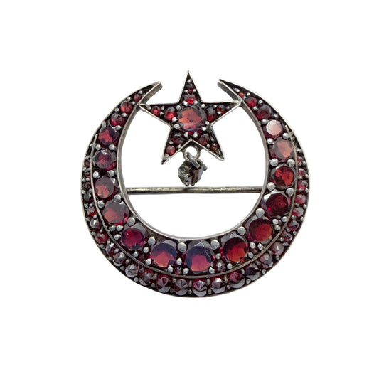 Antique Silver Bohemian Garnet Moon Crescent Star Brooch.