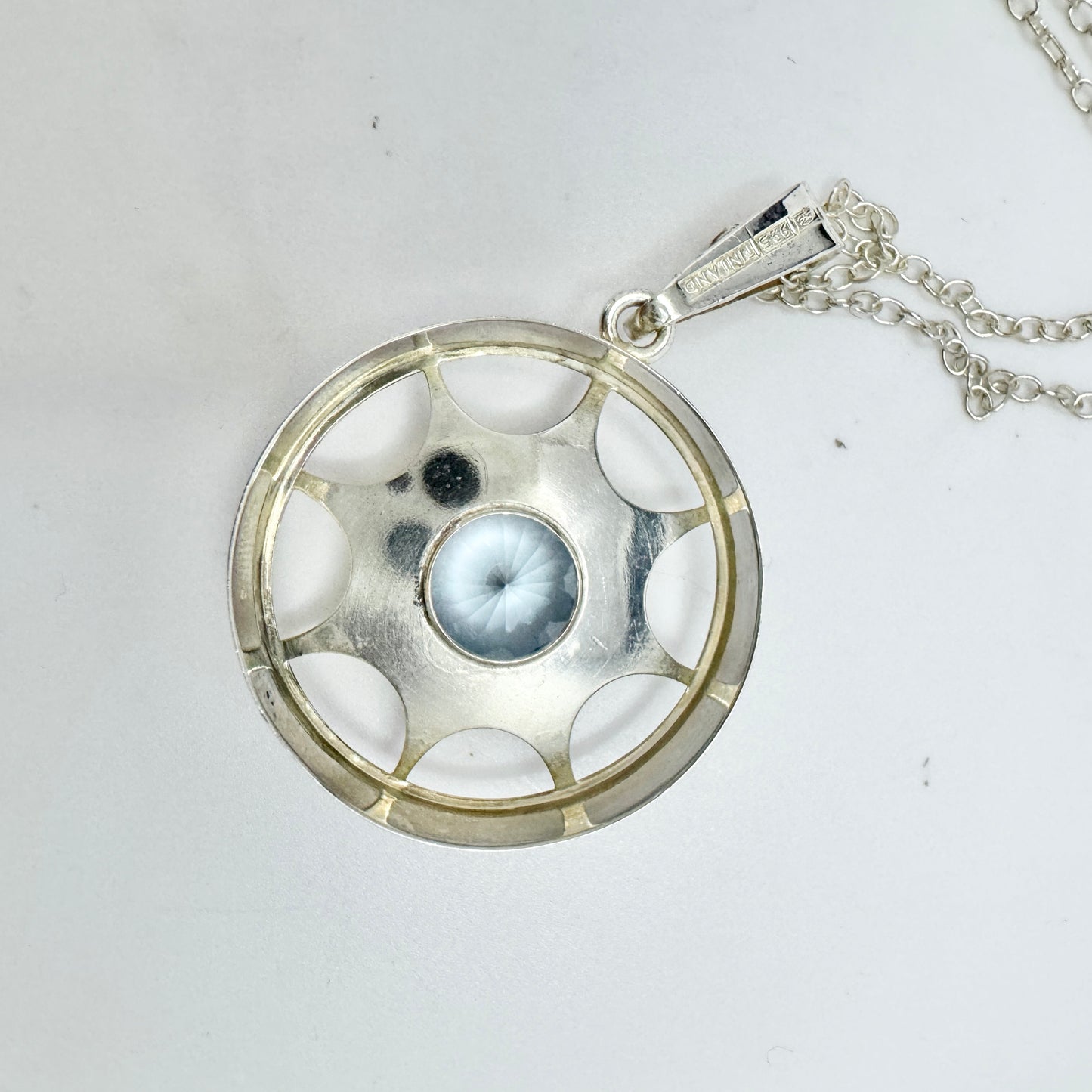 Salovaara, Finland 1970s. Vintage Sterling Silver Blue Synthetic Spinel Pendant + Chain.