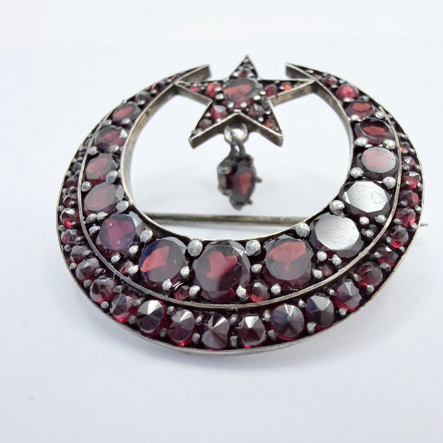 Antique Silver Bohemian Garnet Moon Crescent Star Brooch.